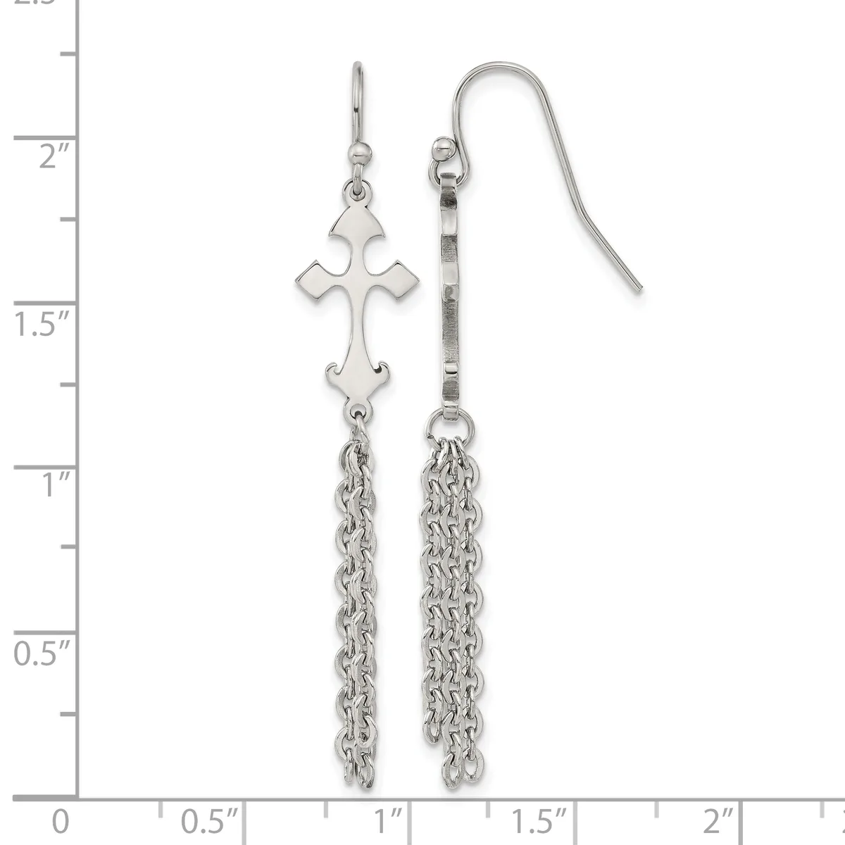 A pair of silver dangle earrings with ornate cross charms at the top and chain fringe below, displayed against a ruler showing approximately two inches in length.