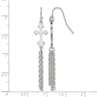 A pair of silver dangle earrings with ornate cross charms at the top and chain fringe below, displayed against a ruler showing approximately two inches in length.