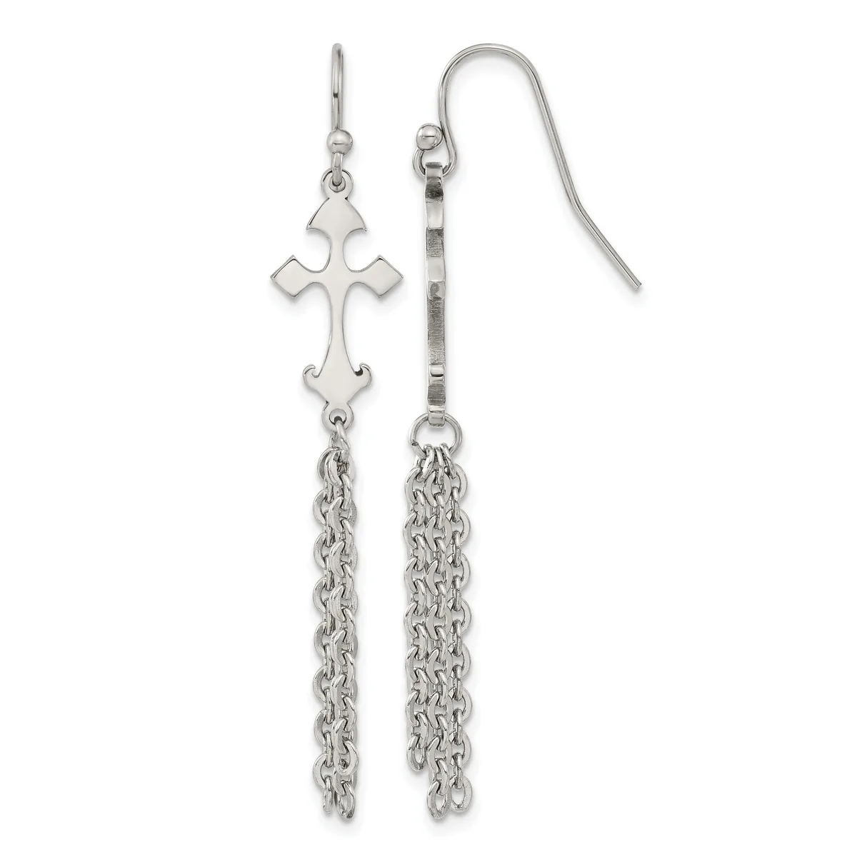 Pair of silver cross dangle earrings with chain tassels, shown on a white background.