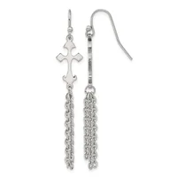Pair of silver cross dangle earrings with chain tassels, shown on a white background.