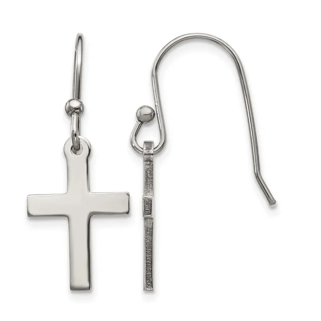 A pair of silver cross earrings with hook closures displayed against a white background.