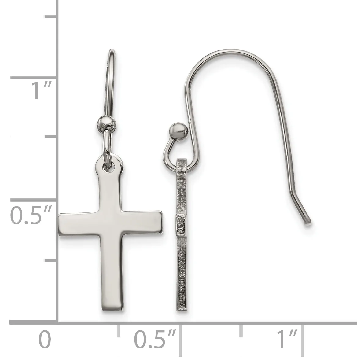 Two silver earrings displayed against a ruler showing measurements up to one inch: a plain cross pendant on a short earring post, and a textured cylindrical bar on a curved hook earring.