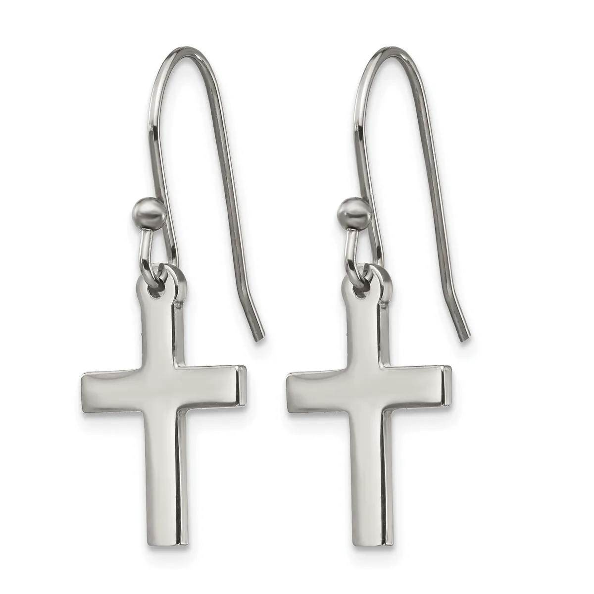A pair of silver cross earrings with hook-style ear wires, displayed against a white background.