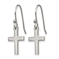 A pair of silver cross earrings with hook-style ear wires, displayed against a white background.