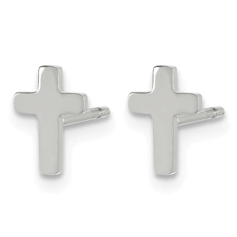 A pair of polished silver cross-shaped stud earrings with post and clutch backs, shown from the front.
