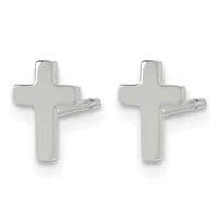 A pair of polished silver cross-shaped stud earrings with post and clutch backs, shown from the front.