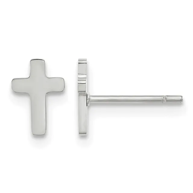 Silver cross stud earrings shown from front and side views, displaying the polished metal finish and post-and-clutch closure.