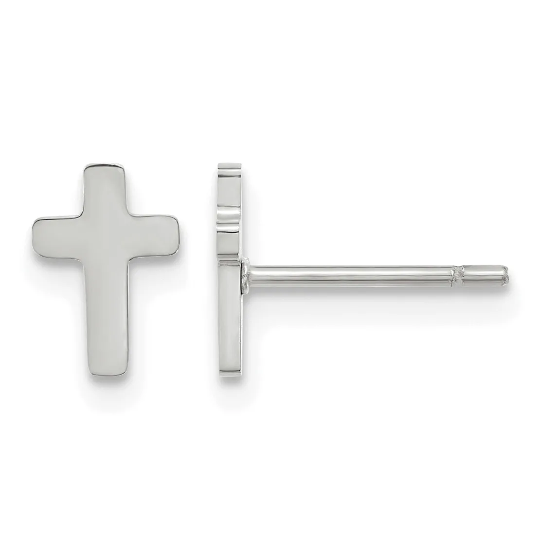 Silver cross stud earrings shown from front and side views, displaying the polished metal finish and post-and-clutch closure.