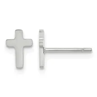 Silver cross stud earrings shown from front and side views, displaying the polished metal finish and post-and-clutch closure.