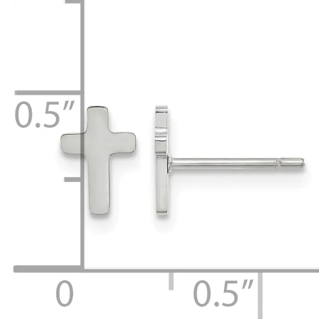 A pair of silver cross stud earrings shown from front and side views with dimension measurements indicating 0.5 inches in height and width.