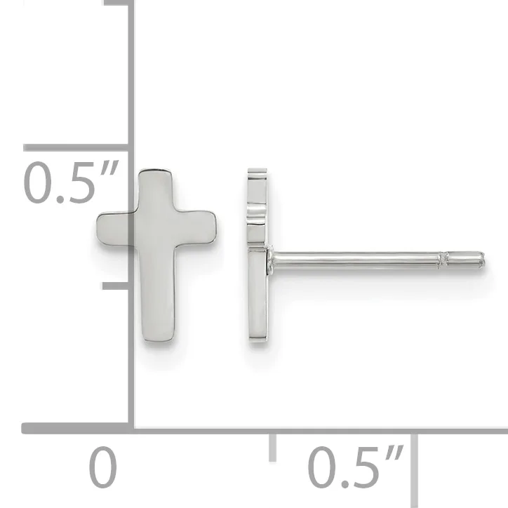 A pair of silver cross stud earrings shown from front and side views with dimension measurements indicating 0.5 inches in height and width.