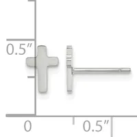 A pair of silver cross stud earrings shown from front and side views with dimension measurements indicating 0.5 inches in height and width.