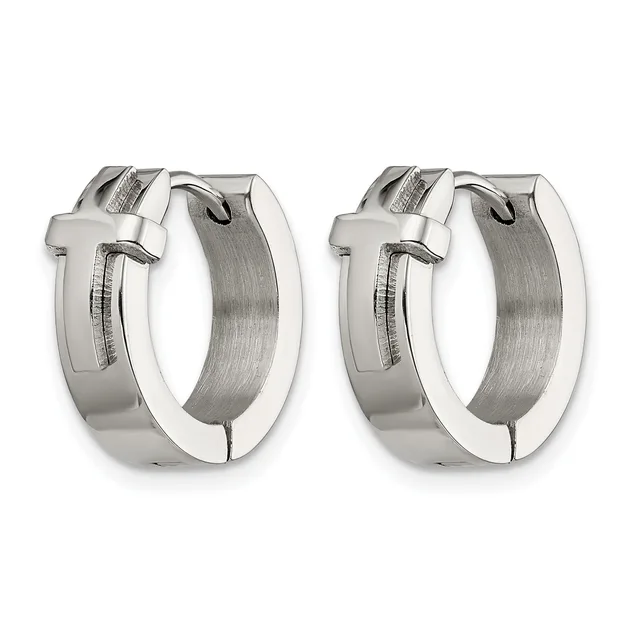 A pair of polished silver-tone hoop earrings with textured brushed centers and cross-shaped details on the front, shown from a front-facing angle.