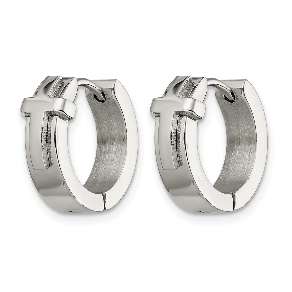 A pair of polished silver-tone hoop earrings with textured brushed centers and cross-shaped details on the front, shown from a front-facing angle.