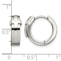 A pair of polished silver-toned hoop earrings with a cross motif on the front, shown from front and side views with a measurement scale indicating approximately one inch in diameter.