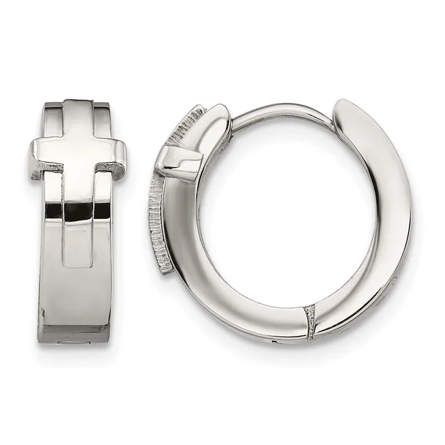 Two polished silver-toned hoop earrings displayed against a white background, shown from front and side angles with hinged closure mechanisms visible.