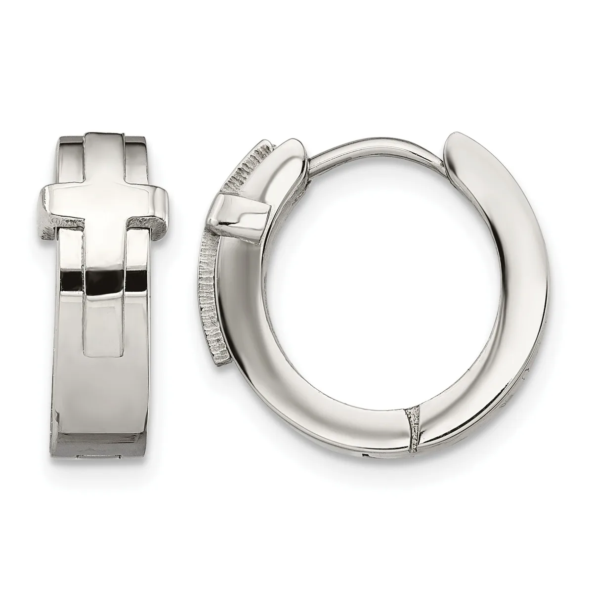 Two polished silver-toned hoop earrings displayed against a white background, shown from front and side angles with hinged closure mechanisms visible.