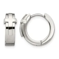 Two polished silver-toned hoop earrings displayed against a white background, shown from front and side angles with hinged closure mechanisms visible.