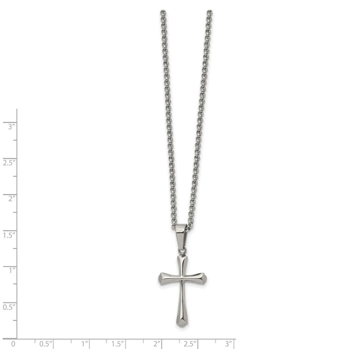 Silver-toned cross pendant with rounded ends hanging from a thin chain necklace, displayed against a measurement scale.