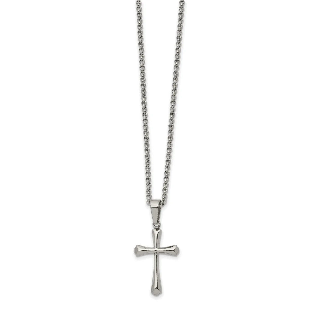 A silver-toned cross pendant hangs from a matching chain necklace against a white background.