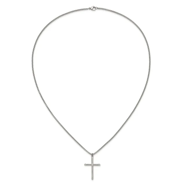 A silver chain necklace with a simple cross pendant hanging from the center.