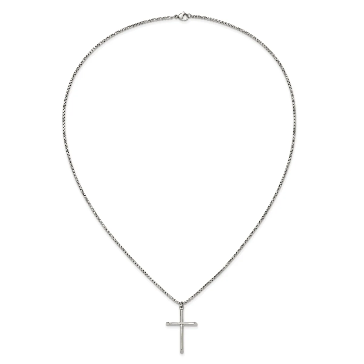 A silver chain necklace with a simple cross pendant hanging from the center.