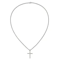 A silver chain necklace with a simple cross pendant hanging from the center.
