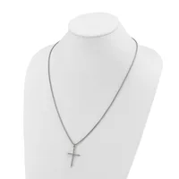 A silver-toned chain necklace with a simple cross pendant displayed on a white mannequin bust.