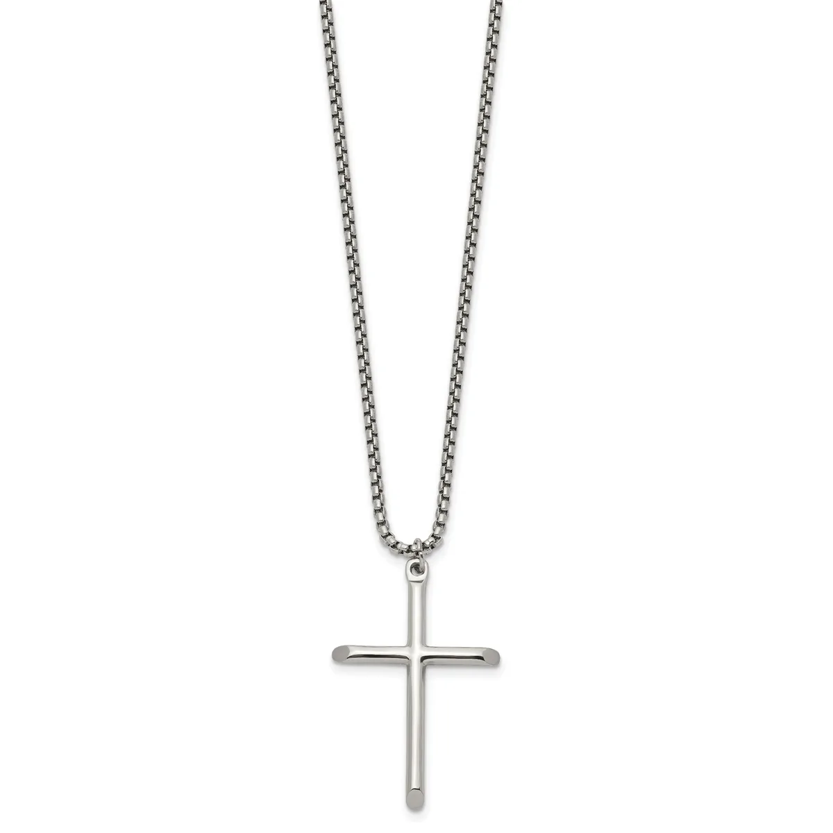 Silver-toned metal chain necklace with a polished cross pendant hanging from the center.