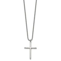 Silver-toned metal chain necklace with a polished cross pendant hanging from the center.
