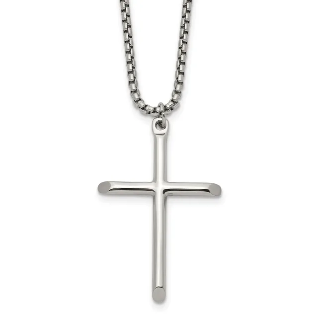 A polished stainless steel cross pendant hanging from a matching box-link chain necklace against a white background.