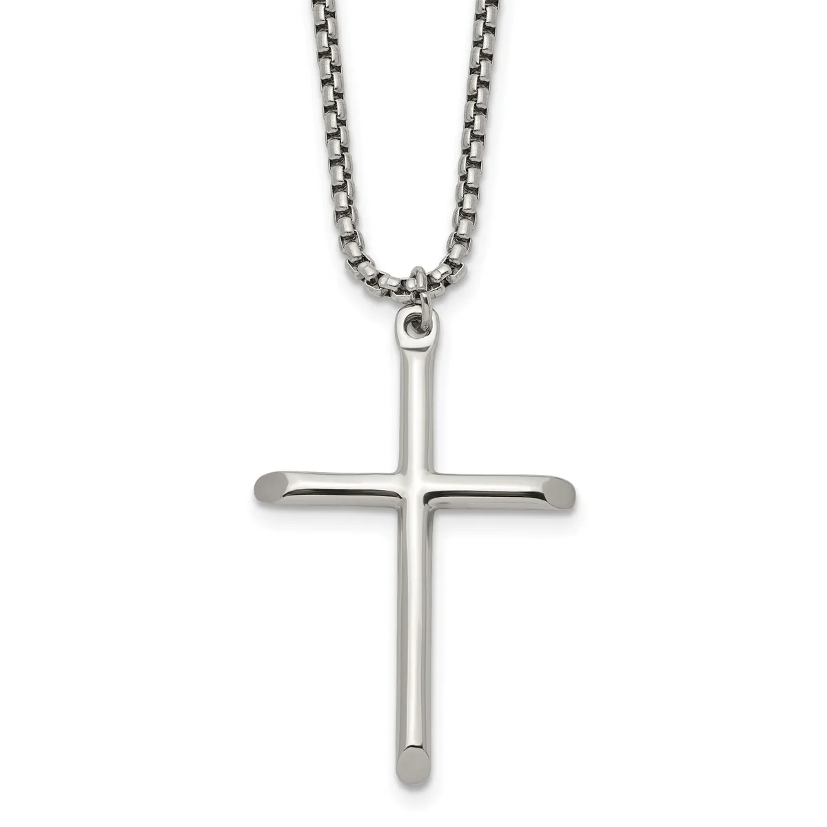 A polished stainless steel cross pendant hanging from a matching box-link chain necklace against a white background.