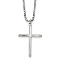 A polished stainless steel cross pendant hanging from a matching box-link chain necklace against a white background.