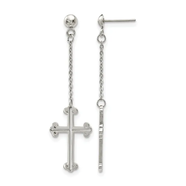 Pair of silver-tone drop earrings featuring a ball post with an attached chain and ornate cross pendant.