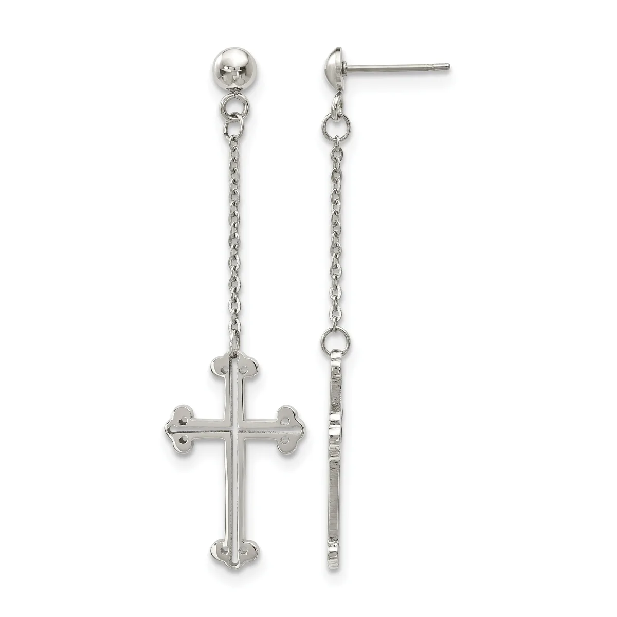 Pair of silver-tone drop earrings featuring a ball post with an attached chain and ornate cross pendant.