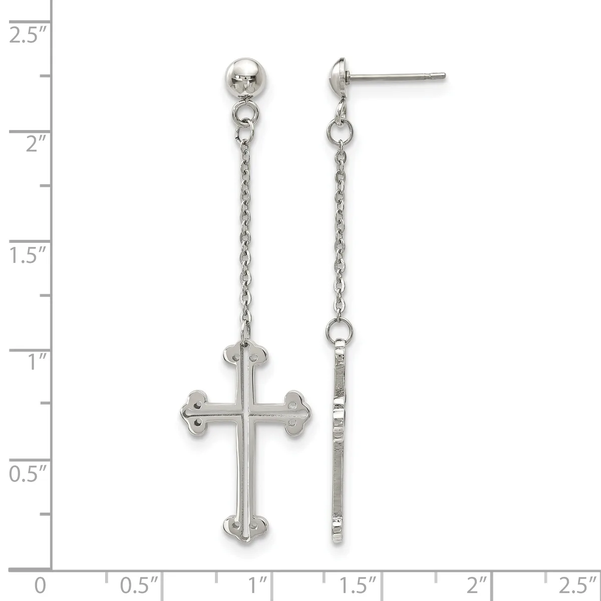A pair of silver dangle earrings with ball studs connected by chains to ornate cross pendants, displayed against a measurement scale.