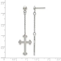 A pair of silver dangle earrings with ball studs connected by chains to ornate cross pendants, displayed against a measurement scale.