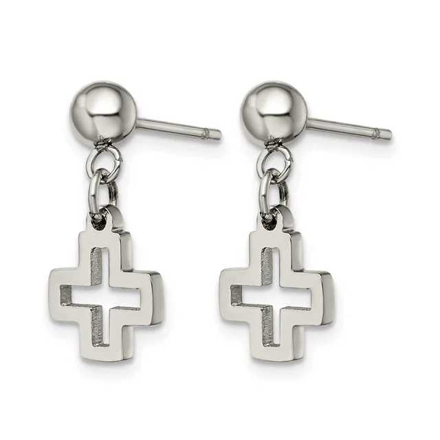 Pair of stainless steel dangle earrings with ball studs and cross-shaped pendants hanging from chain links.