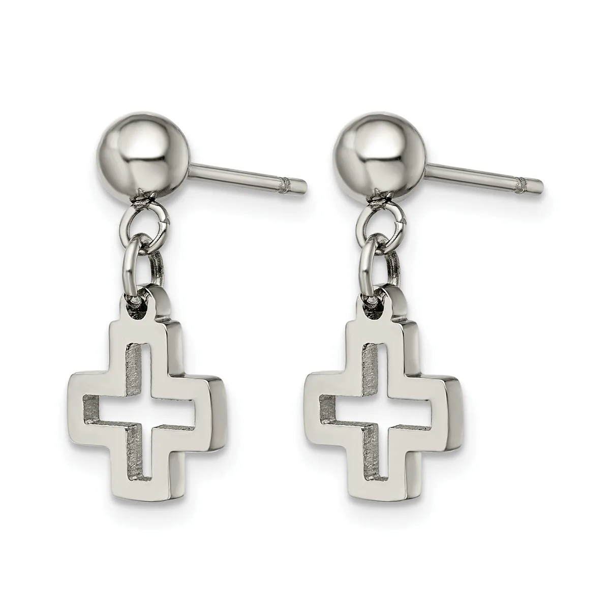 Pair of stainless steel dangle earrings with ball studs and cross-shaped pendants hanging from chain links.