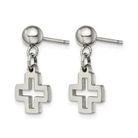 Pair of stainless steel dangle earrings with ball studs and cross-shaped pendants hanging from chain links.
