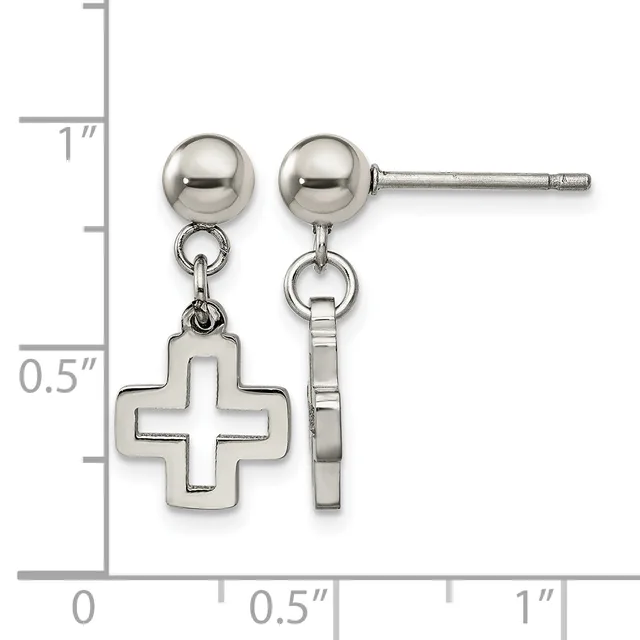 Pair of silver ball stud earrings with small cross charms hanging below, displayed next to a measurement ruler showing approximately one inch in length.