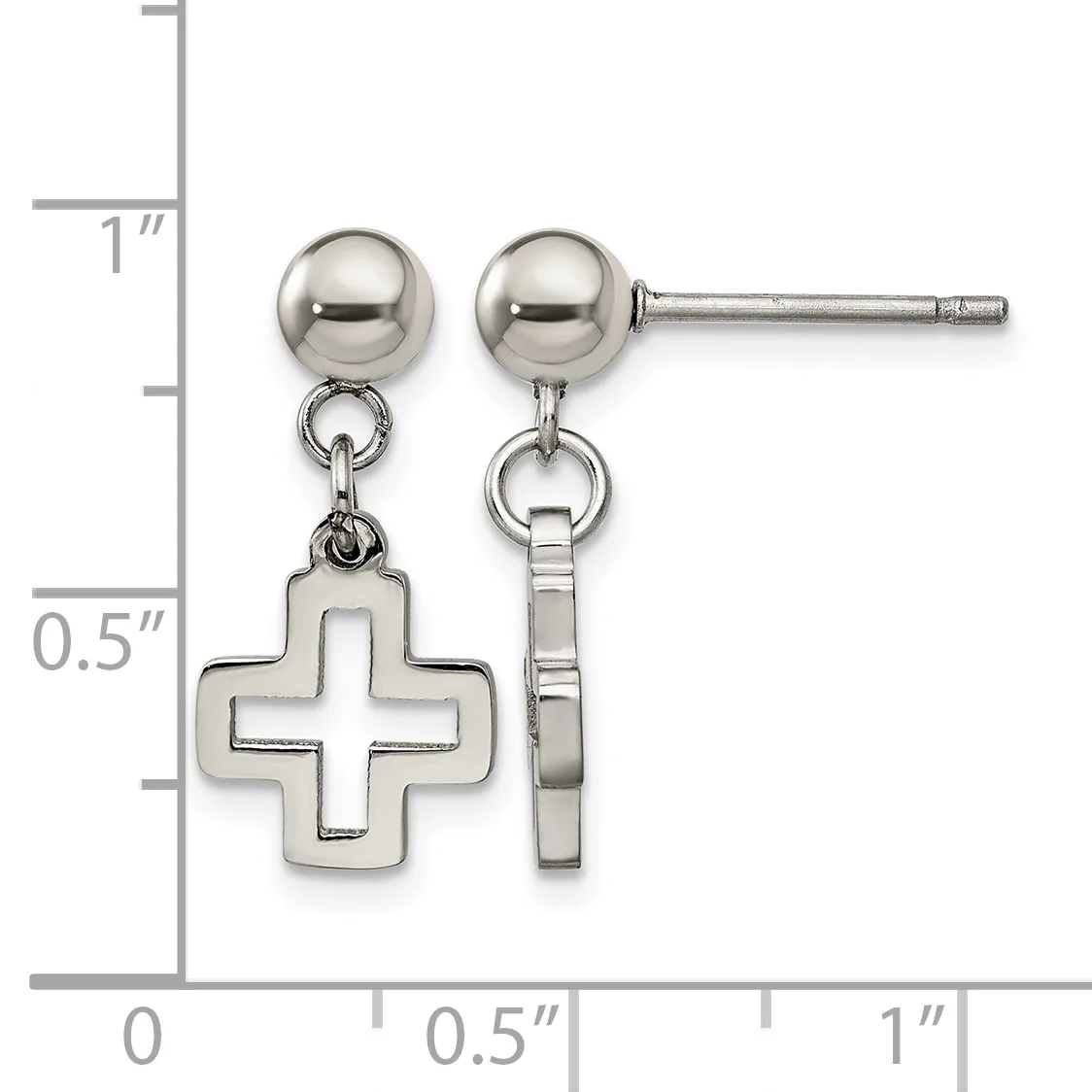 Pair of silver ball stud earrings with small cross charms hanging below, displayed next to a measurement ruler showing approximately one inch in length.