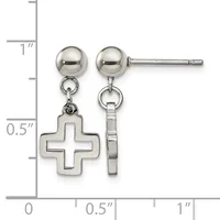 Pair of silver ball stud earrings with small cross charms hanging below, displayed next to a measurement ruler showing approximately one inch in length.