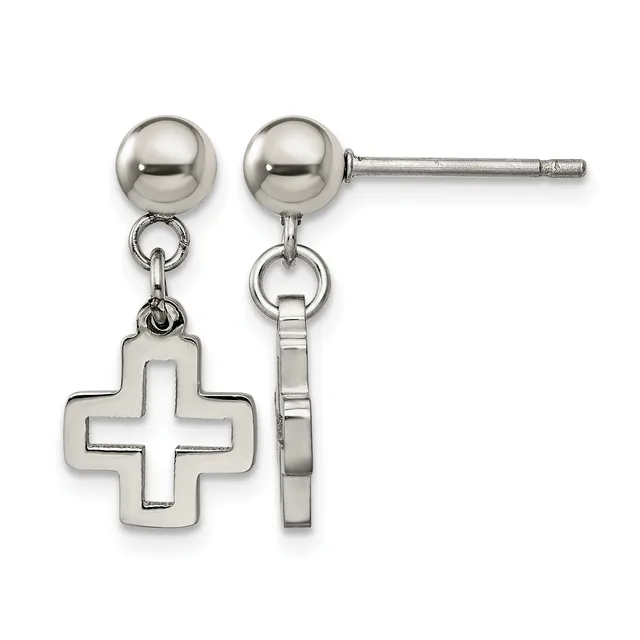 A pair of sterling silver dangle earrings featuring polished ball studs with small cross charms suspended below, shown from the front.