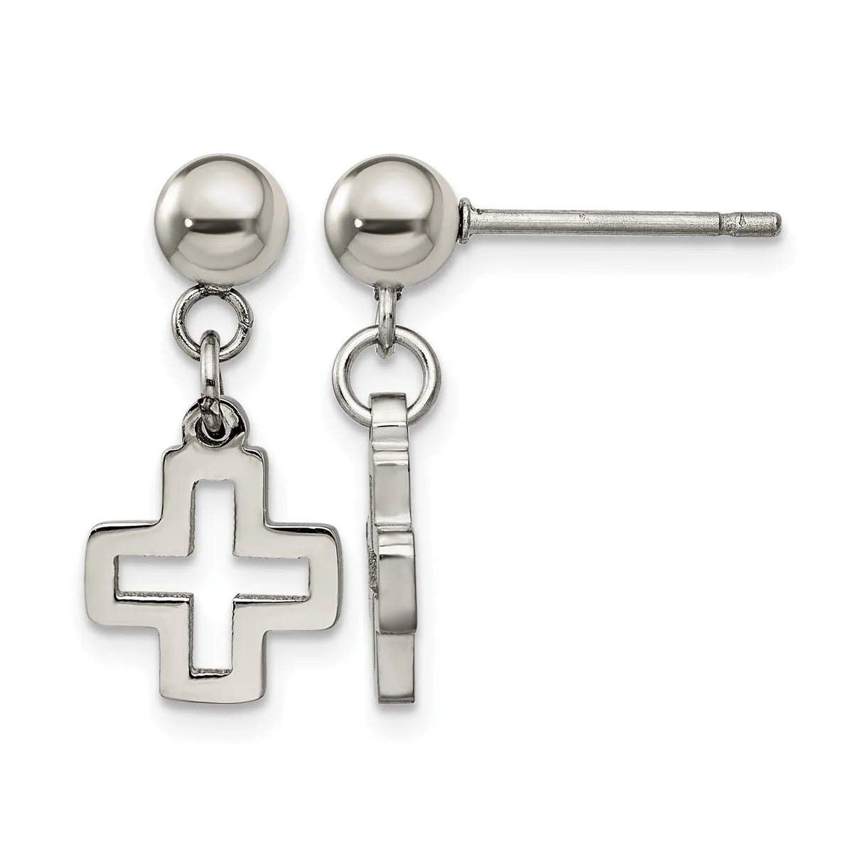 A pair of sterling silver dangle earrings featuring polished ball studs with small cross charms suspended below, shown from the front.
