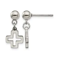 A pair of sterling silver dangle earrings featuring polished ball studs with small cross charms suspended below, shown from the front.