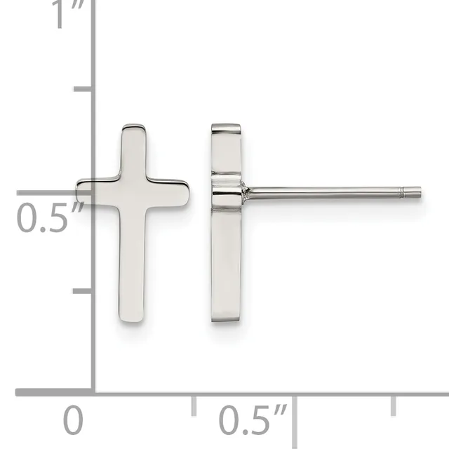 A pair of stainless steel cross-shaped stud earrings shown front and back view against a measurement scale indicating approximately 0.5 inches in height.