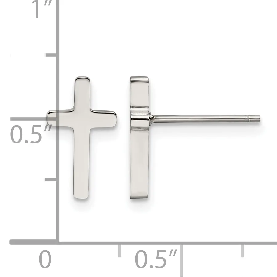 A pair of stainless steel cross-shaped stud earrings shown front and back view against a measurement scale indicating approximately 0.5 inches in height.