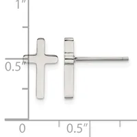 A pair of stainless steel cross-shaped stud earrings shown front and back view against a measurement scale indicating approximately 0.5 inches in height.
