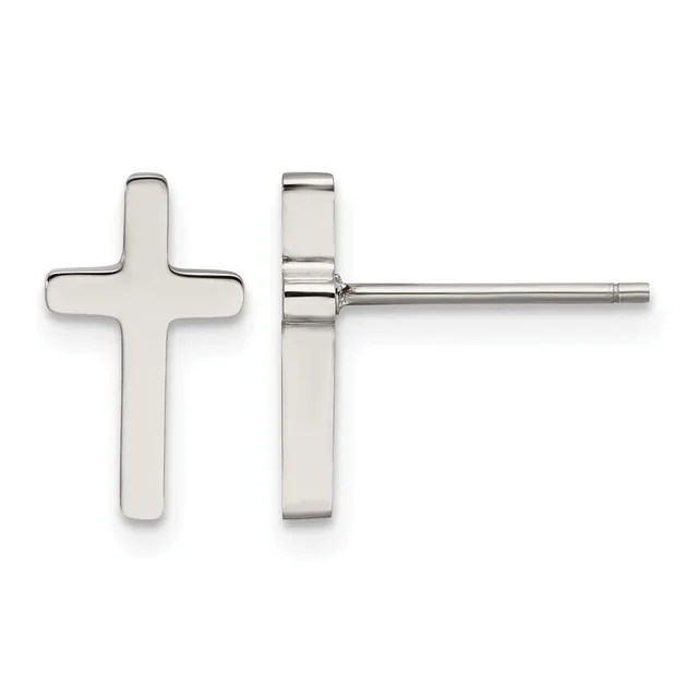 Pair of polished silver cross stud earrings shown from front and side views with posts and backs visible.